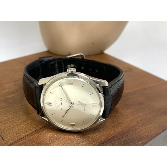 Wittnauer Mens Watch Vintage Swiss Hand Wind Silver Dial 33mm Black Leather Band - Picture 9 of 16
